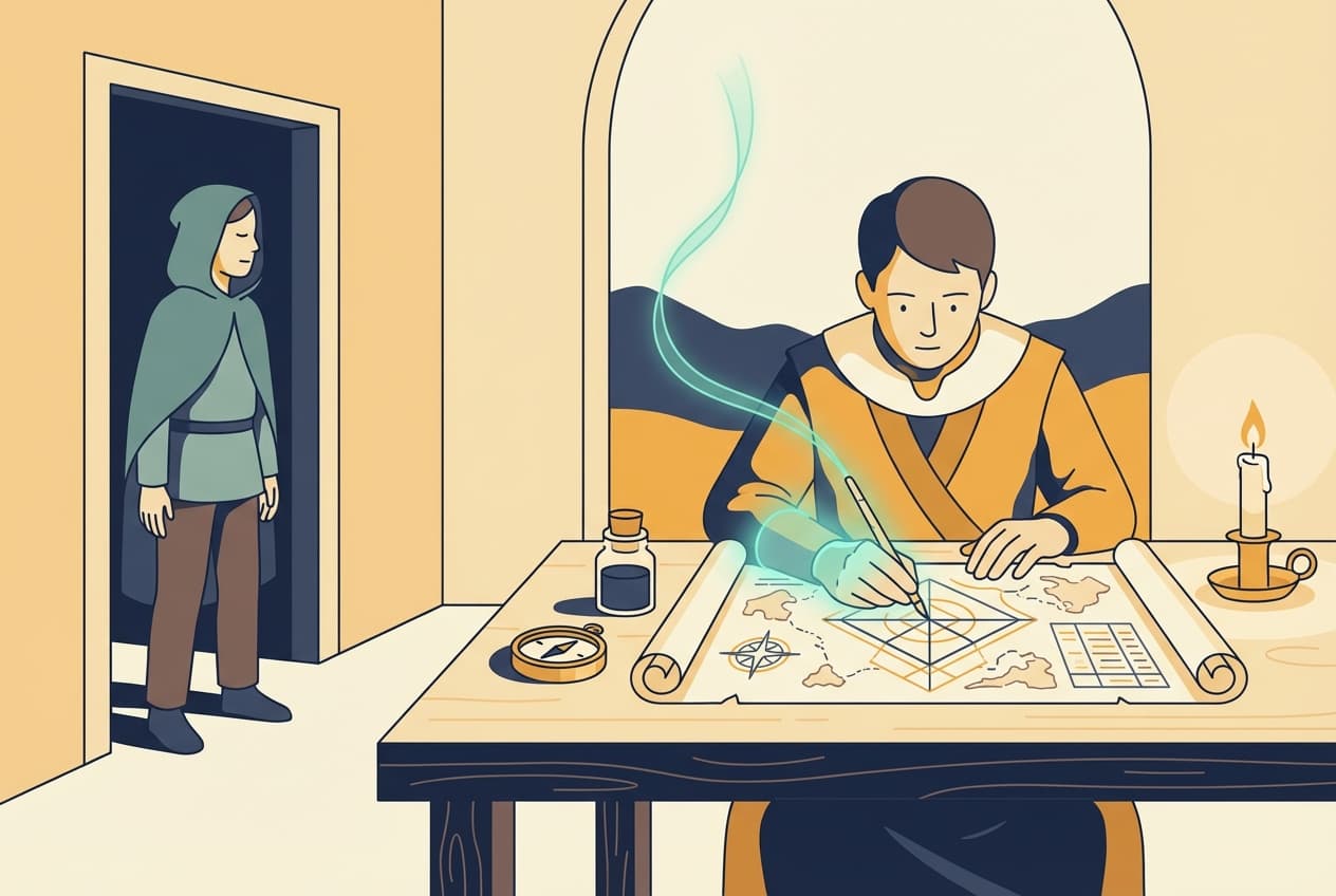 A traveler stands quietly at the doorway while the guide reads patterns directly from a chart on the desk.