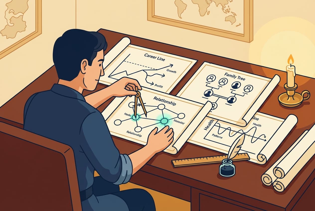 A master navigator at a desk, precisely circling a single node on overlapping life-domain charts.