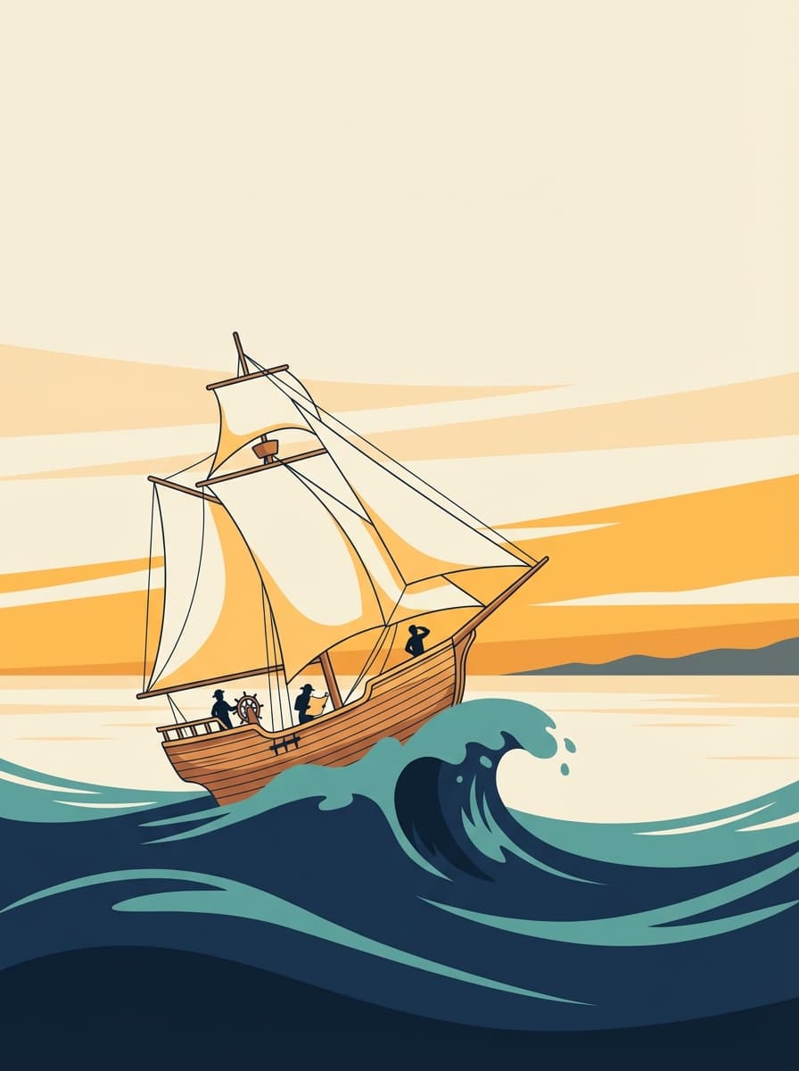 An ancient sailing ship cresting the swell at dawn on vast open ocean — figures on deck reading a map.